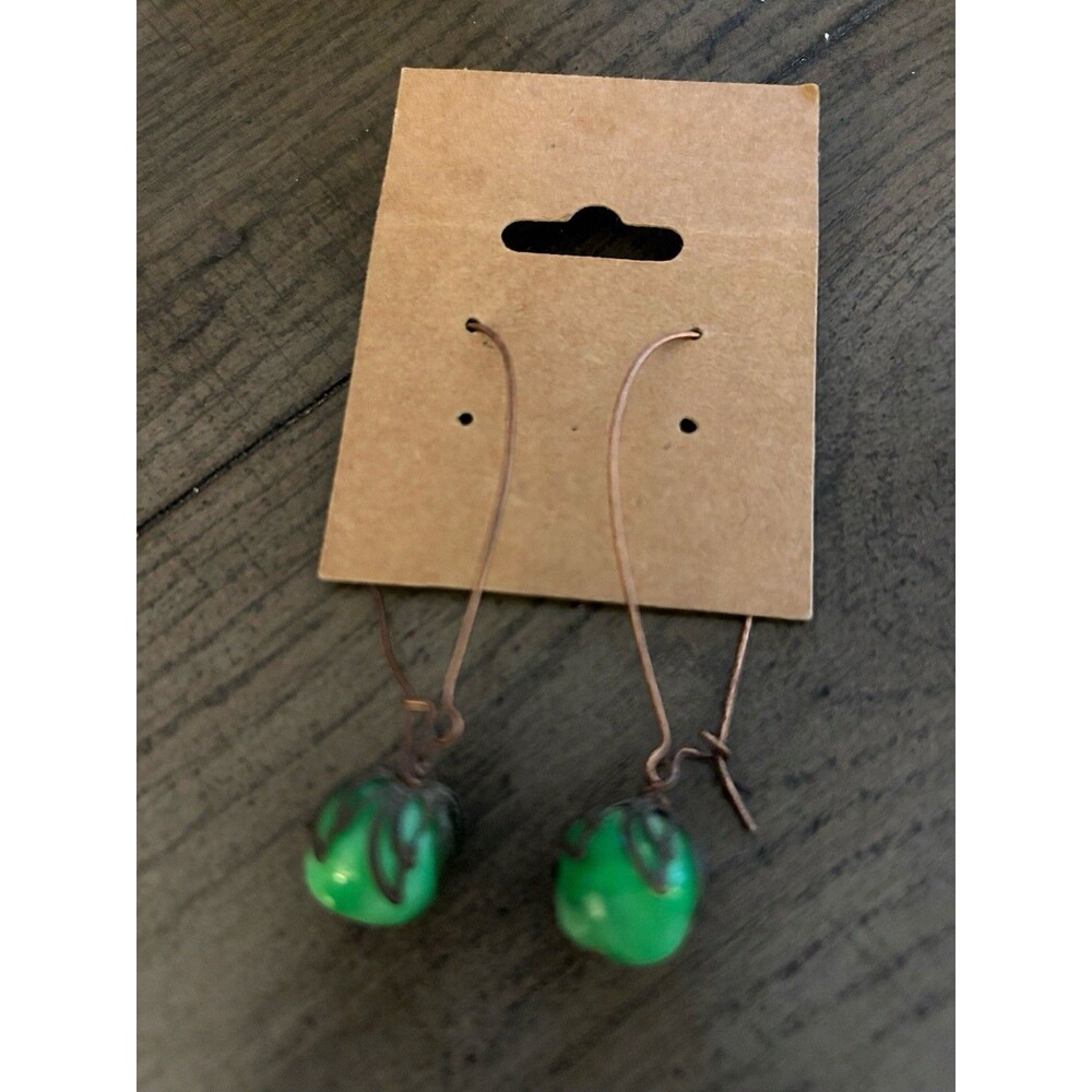 Boho Chic Green Glass Bead Dangle Earrings on Bronze Tone Kidney Wire Earrings